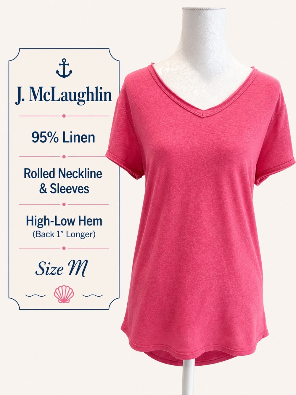 J. McLaughlin 95% Linen Tee Top Watermelon Pink Rolled Neck Size M🍉